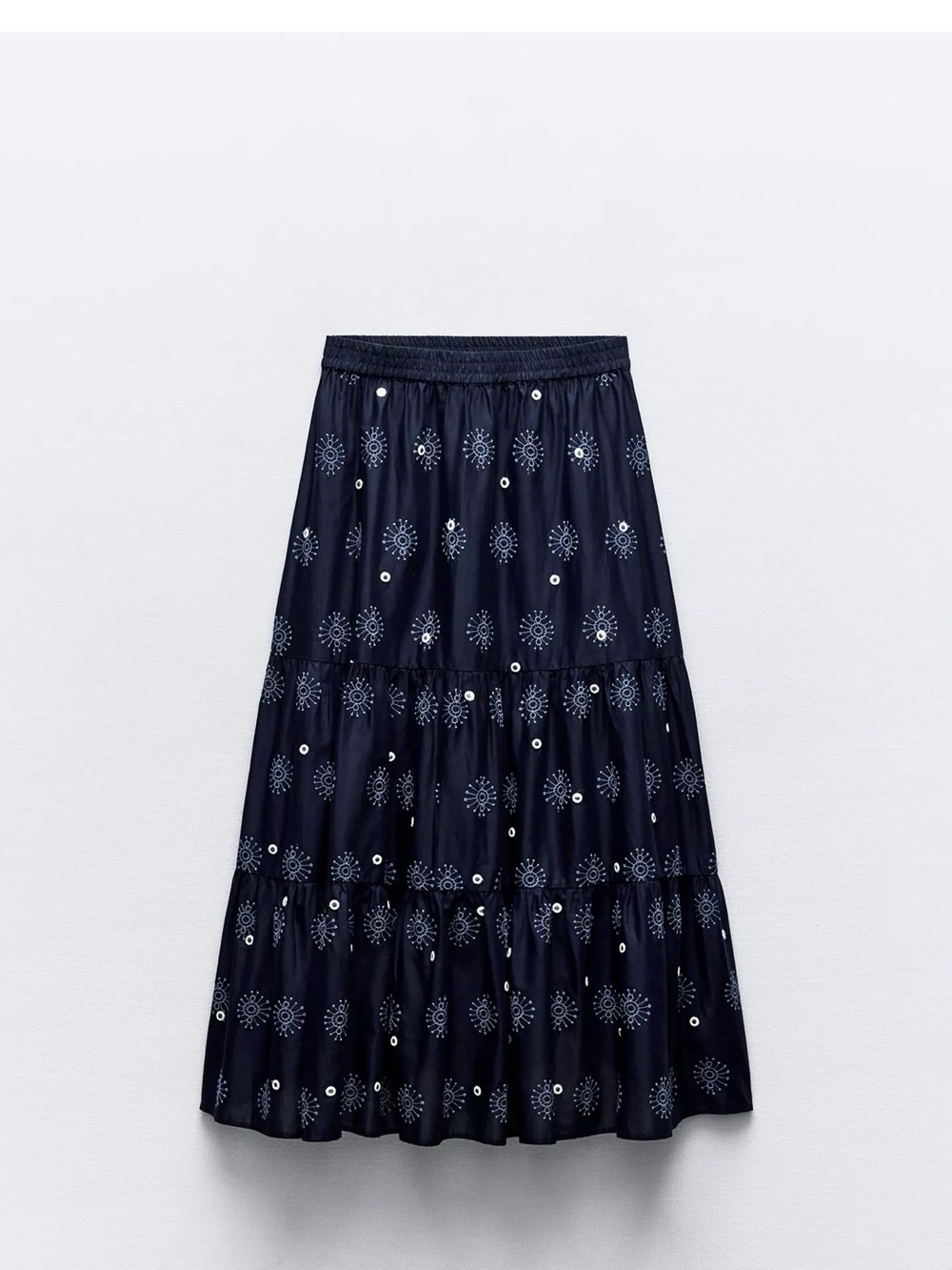 Zara Navy Maxi Skirt with White Embroidery